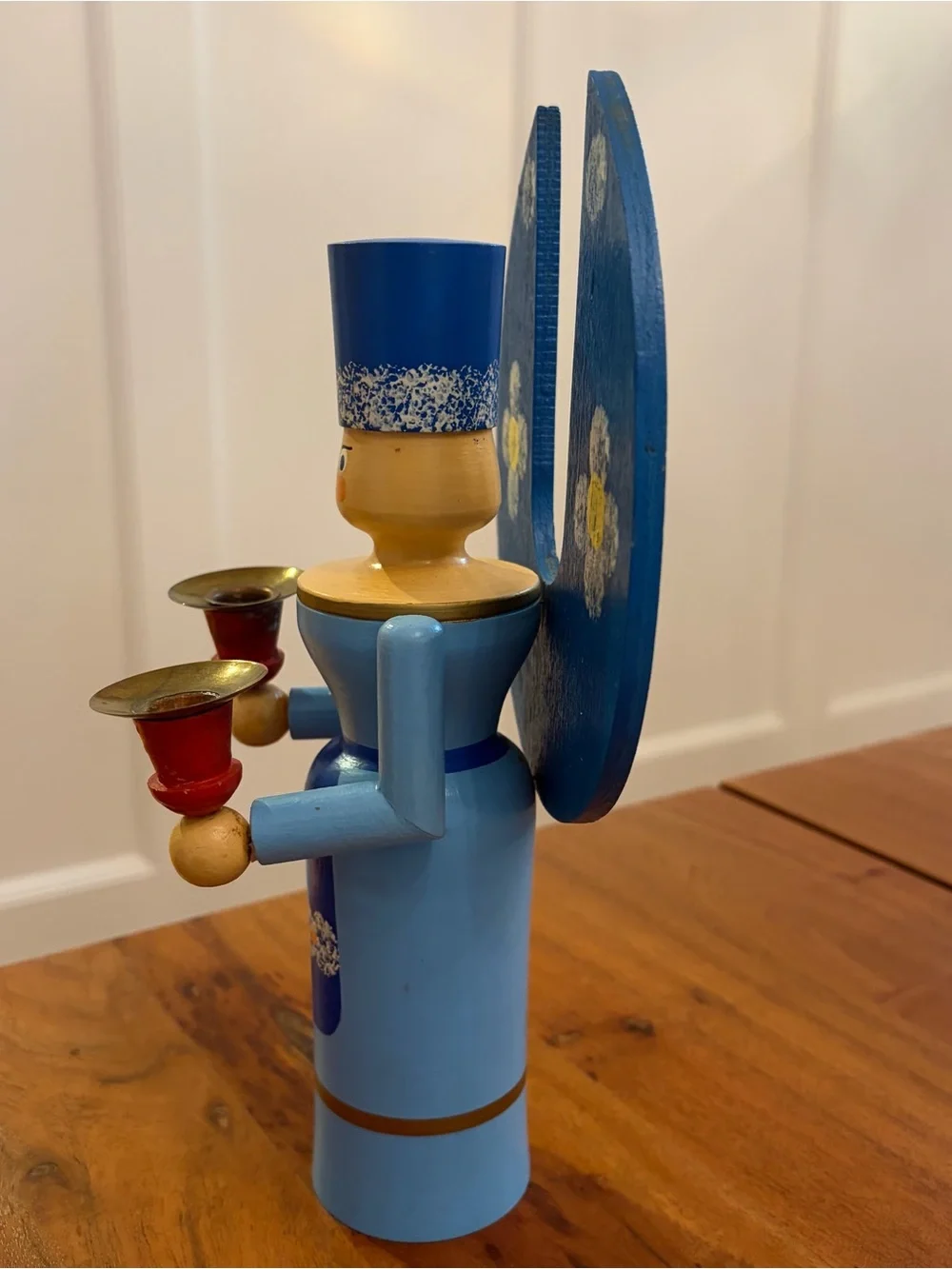 Vintage German Erzgebirge Wood Candle Holders Pair Angel & Miner Christmas 10.5